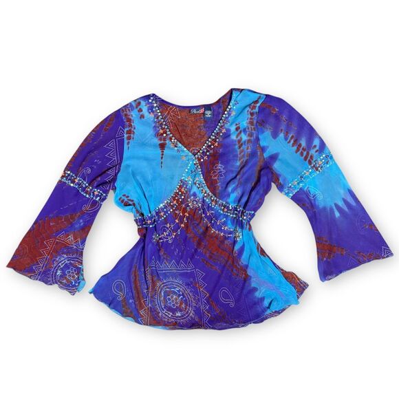 Vtg Y2k Beaded Babydoll Fairy Top Women 3X Blue Ethereal Sheer Gypsy Boho Hippie - Picture 1 of 15